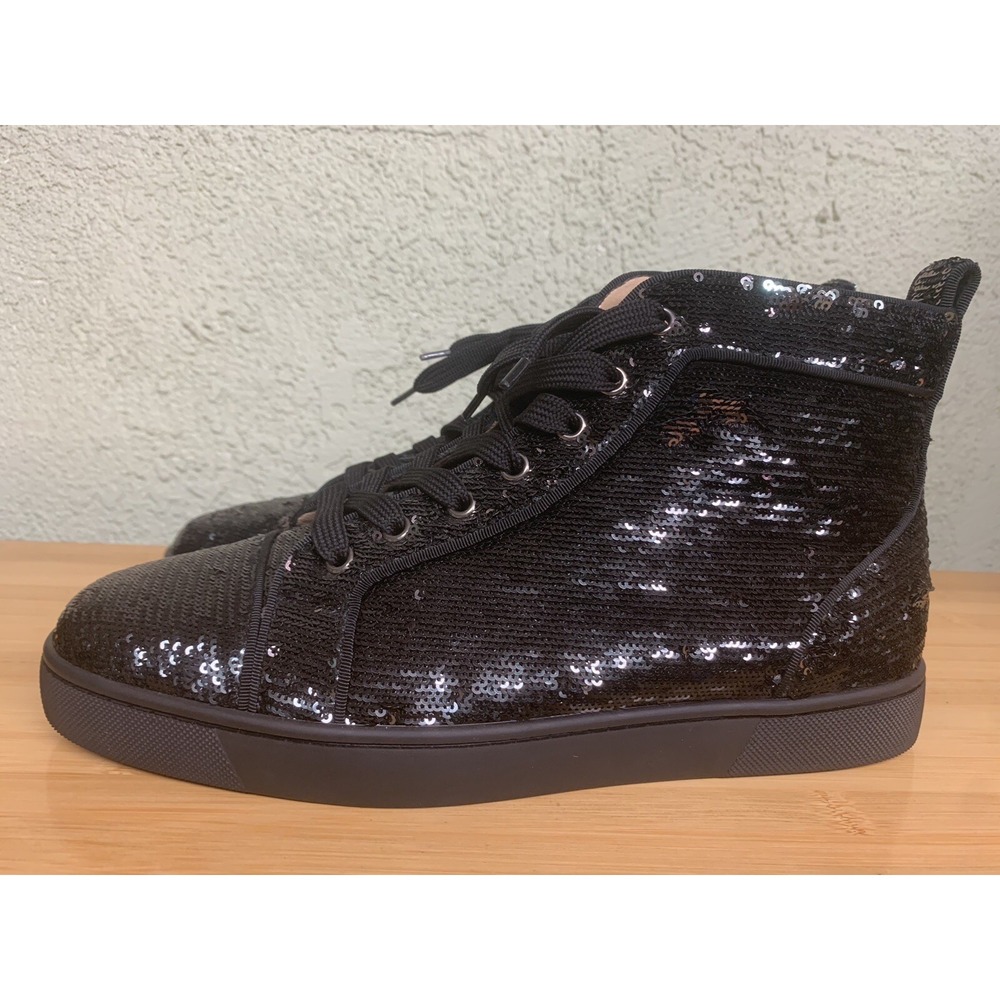 Christian Louboutin Louis Flat Black Sequin High Top Sneakers Mens EU 41.5